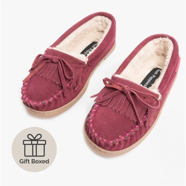 ADDY Ladies Suede Moccasin Slippers Burgundy