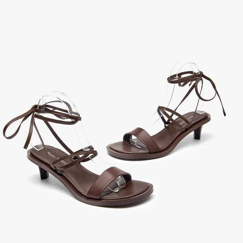 BeauToday Leather Strappy Ankle Wrap Sandals with Kitten Heels for Women
