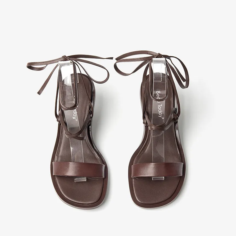 BeauToday Leather Strappy Ankle Wrap Sandals with Kitten Heels for Women