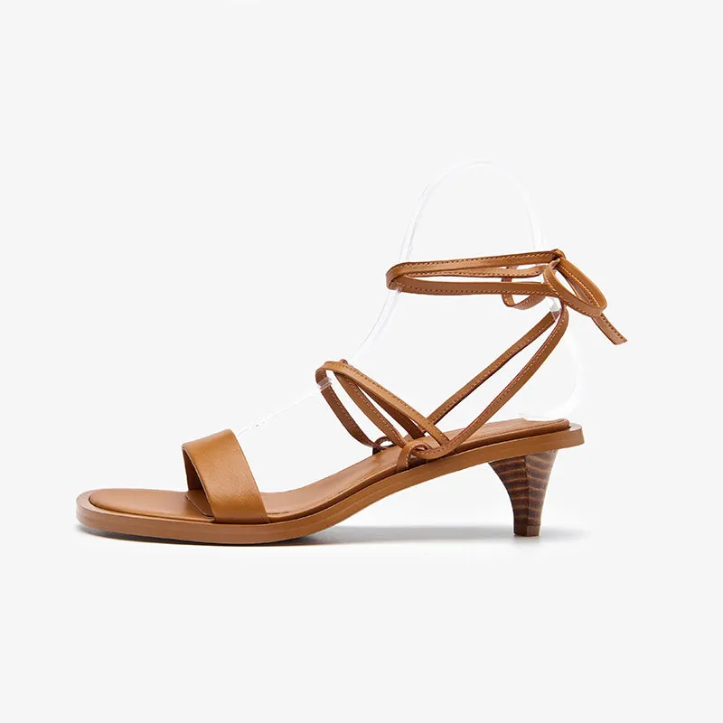 BeauToday Leather Strappy Ankle Wrap Sandals with Kitten Heels for Women