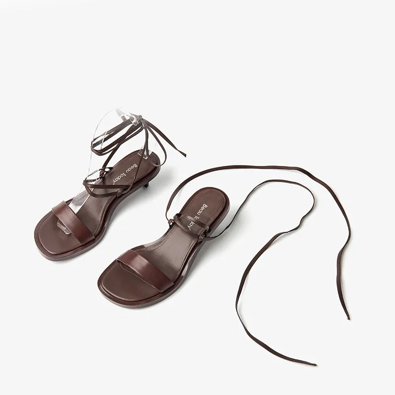 BeauToday Leather Strappy Ankle Wrap Sandals with Kitten Heels for Women