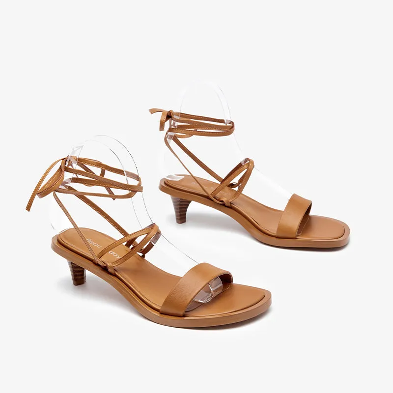 BeauToday Leather Strappy Ankle Wrap Sandals with Kitten Heels for Women