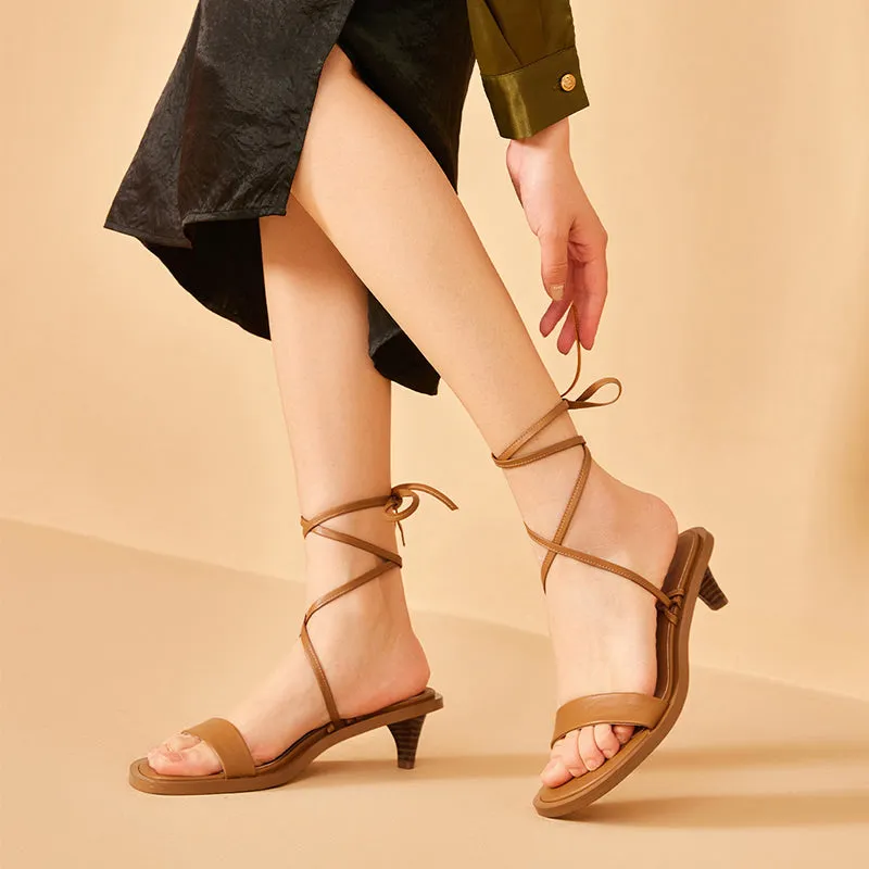 BeauToday Leather Strappy Ankle Wrap Sandals with Kitten Heels for Women