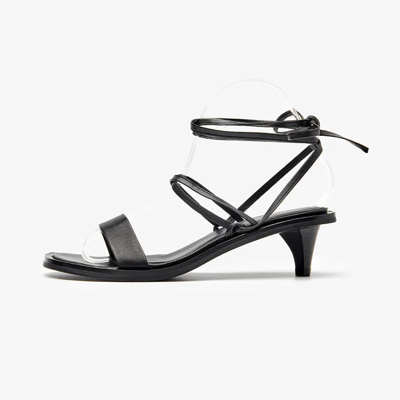 BeauToday Leather Strappy Ankle Wrap Sandals with Kitten Heels for Women