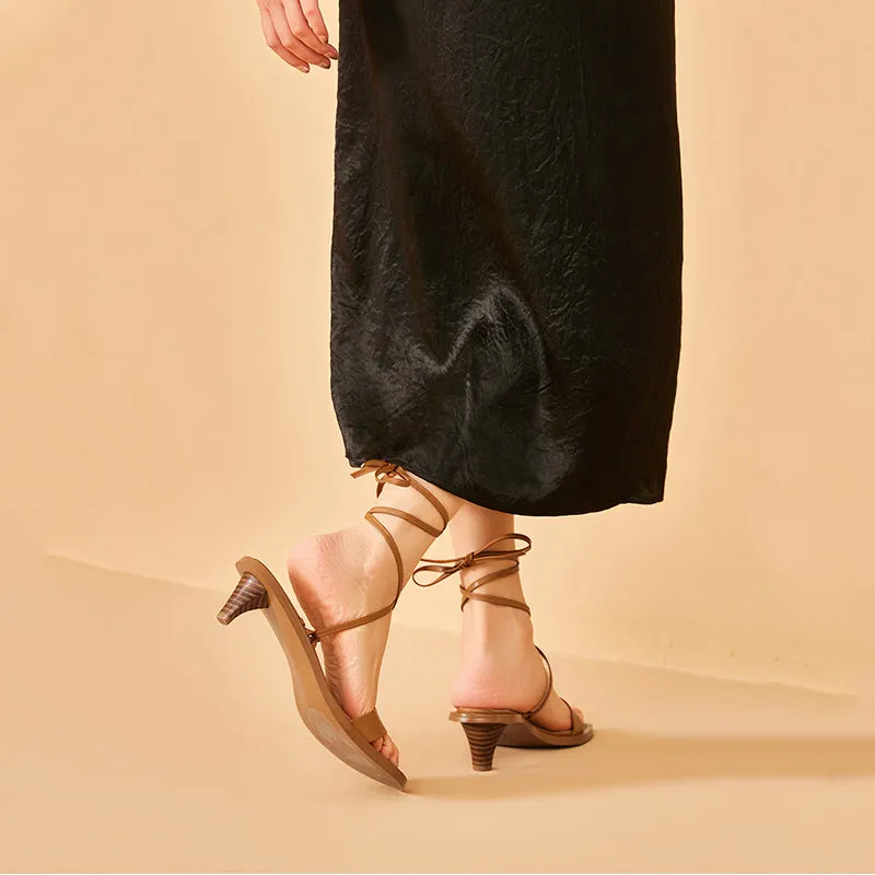 BeauToday Leather Strappy Ankle Wrap Sandals with Kitten Heels for Women