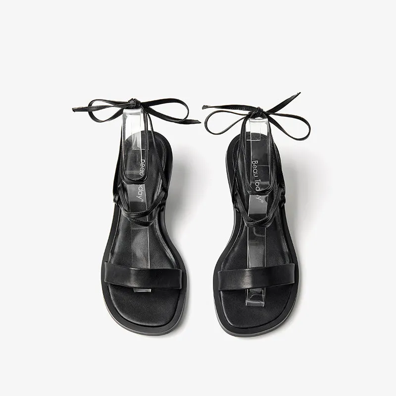 BeauToday Leather Strappy Ankle Wrap Sandals with Kitten Heels for Women