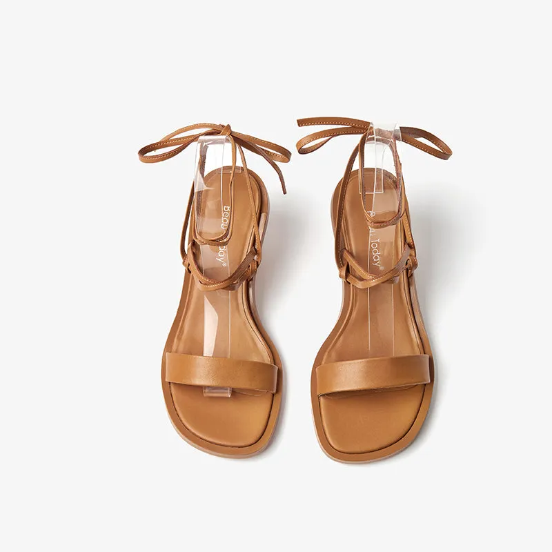 BeauToday Leather Strappy Ankle Wrap Sandals with Kitten Heels for Women