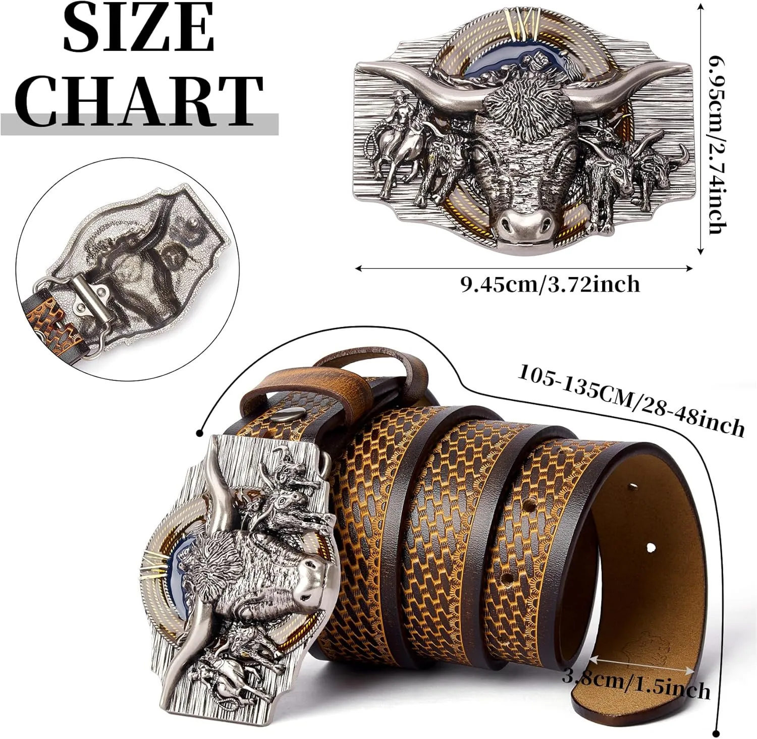 BISON DENIM Western Leather Belt for Men Women Cowboy Cowgirl Mens Buckle Belt for Jeans, Country Belt, Ideal Men's Gifts