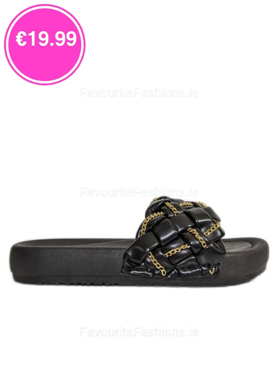 Black Chain Detail Woven Chunky Sliders