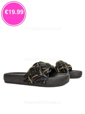 Black Chain Detail Woven Chunky Sliders