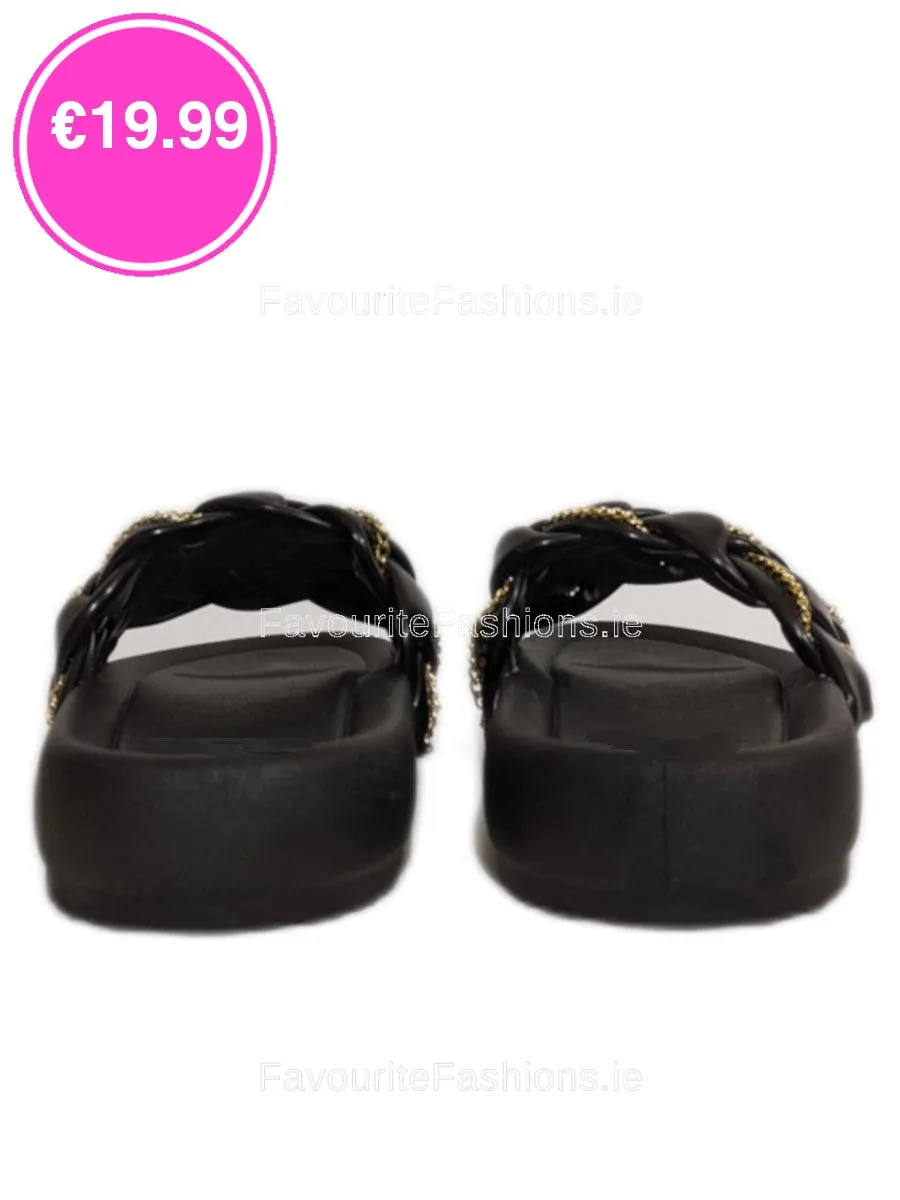 Black Chain Detail Woven Chunky Sliders