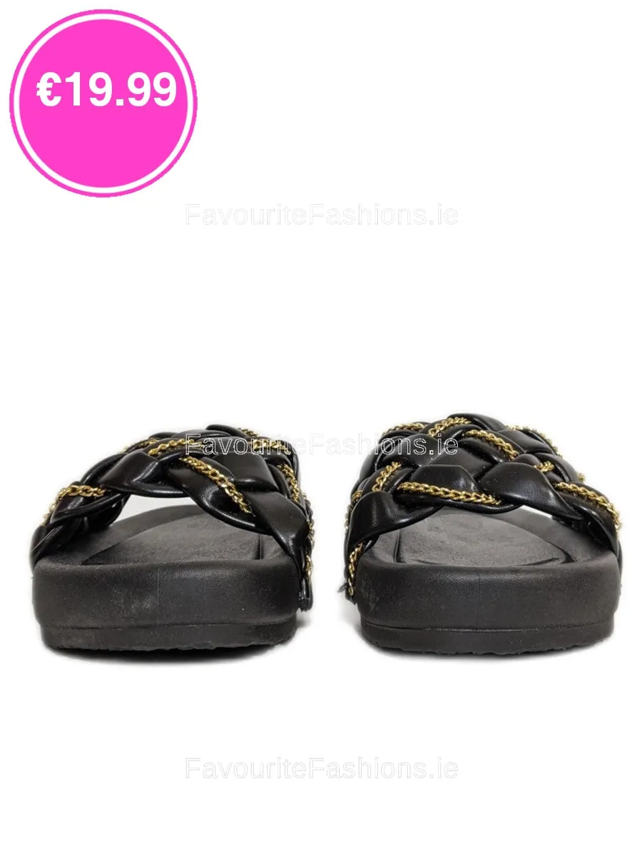Black Chain Detail Woven Chunky Sliders