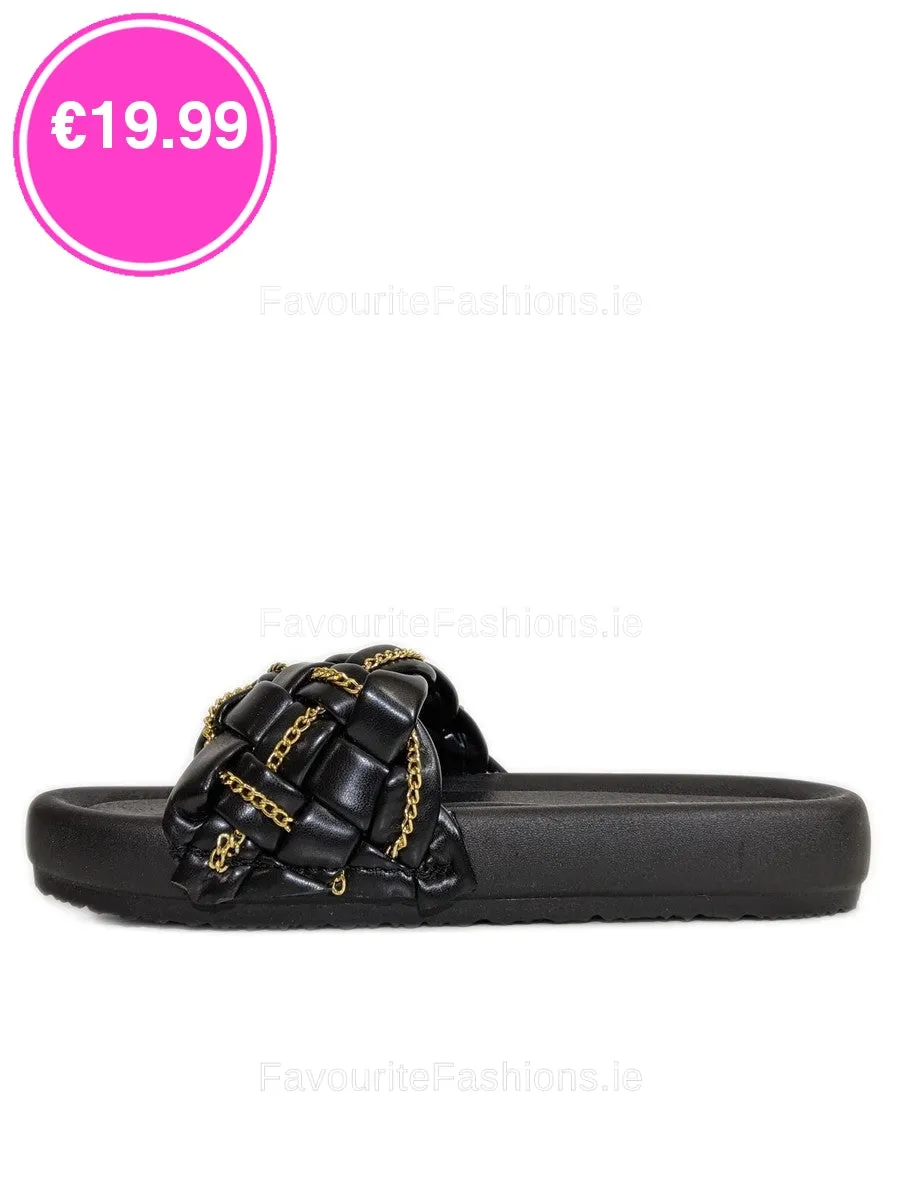 Black Chain Detail Woven Chunky Sliders