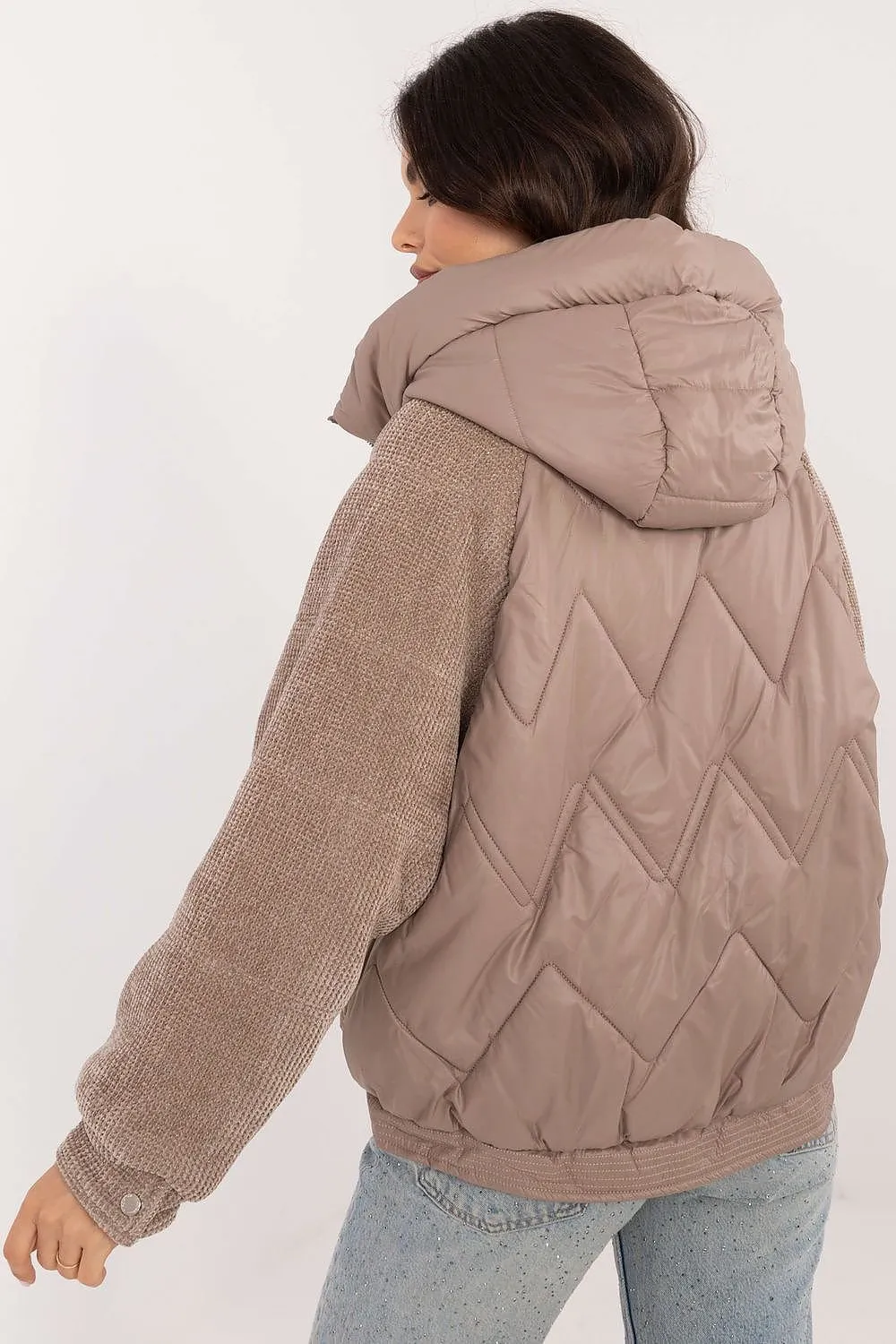 Combined Zip-Up Hooded Jacket in Taupe