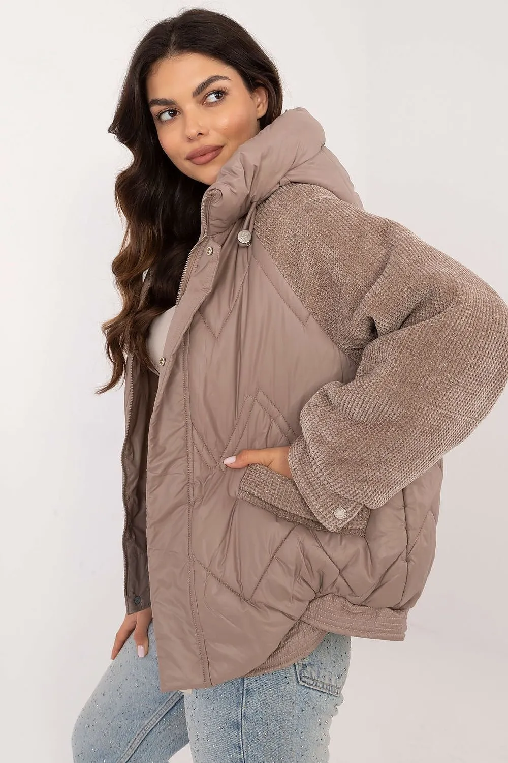 Combined Zip-Up Hooded Jacket in Taupe