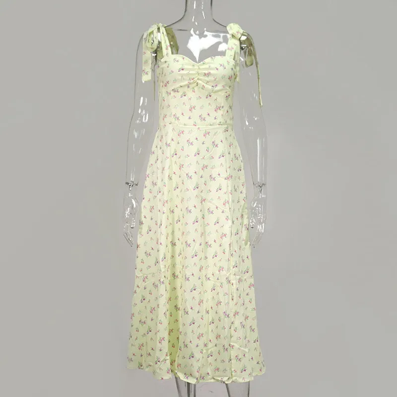 Floral Print Cottagecore Sleeveless Strap Midi Dresses Party Club Backless Elegant Split Dress