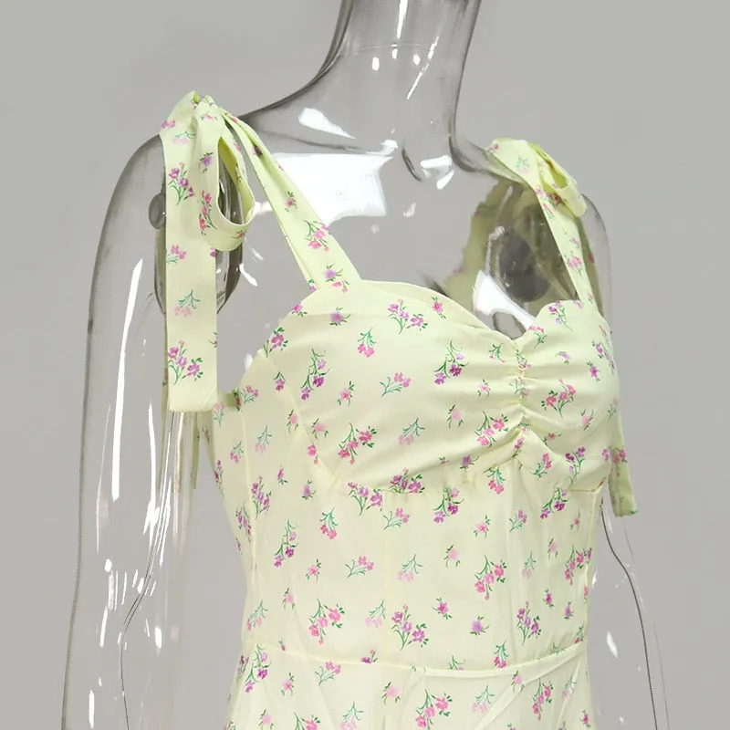 Floral Print Cottagecore Sleeveless Strap Midi Dresses Party Club Backless Elegant Split Dress