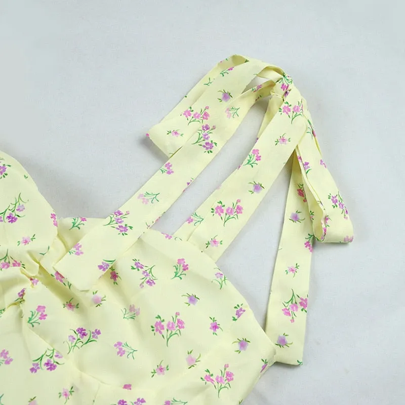 Floral Print Cottagecore Sleeveless Strap Midi Dresses Party Club Backless Elegant Split Dress