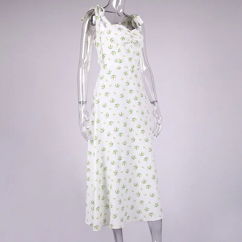 Floral Print Cottagecore Sleeveless Strap Midi Dresses Party Club Backless Elegant Split Dress