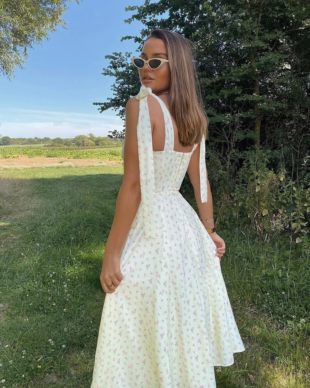 Floral Print Cottagecore Sleeveless Strap Midi Dresses Party Club Backless Elegant Split Dress