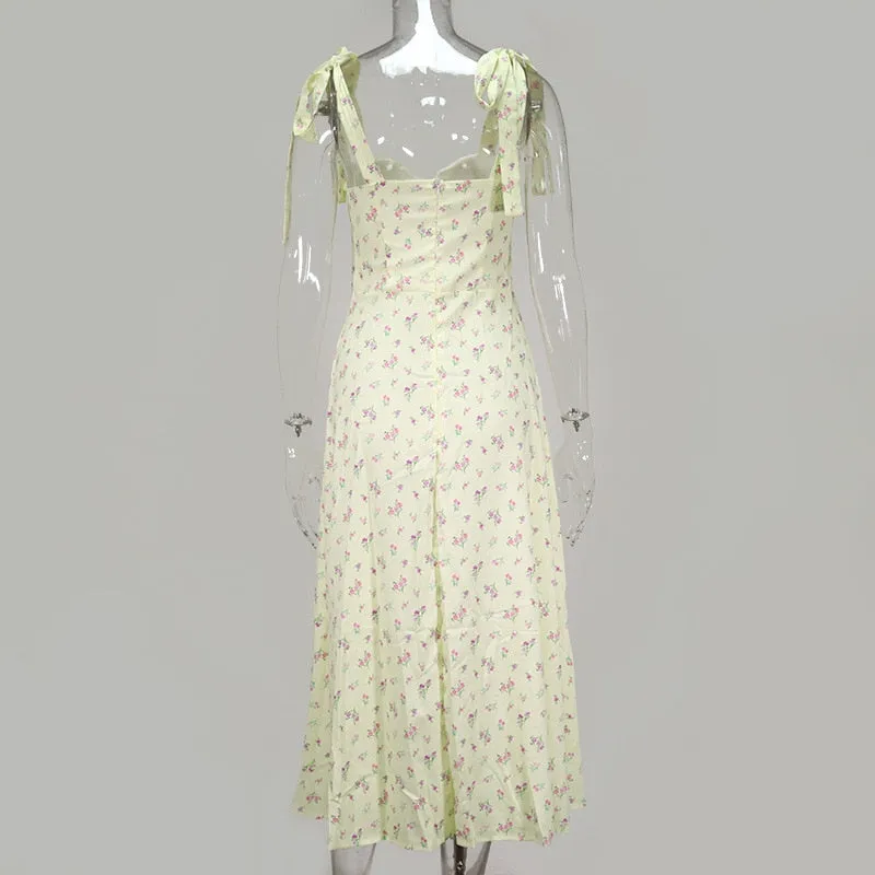 Floral Print Cottagecore Sleeveless Strap Midi Dresses Party Club Backless Elegant Split Dress