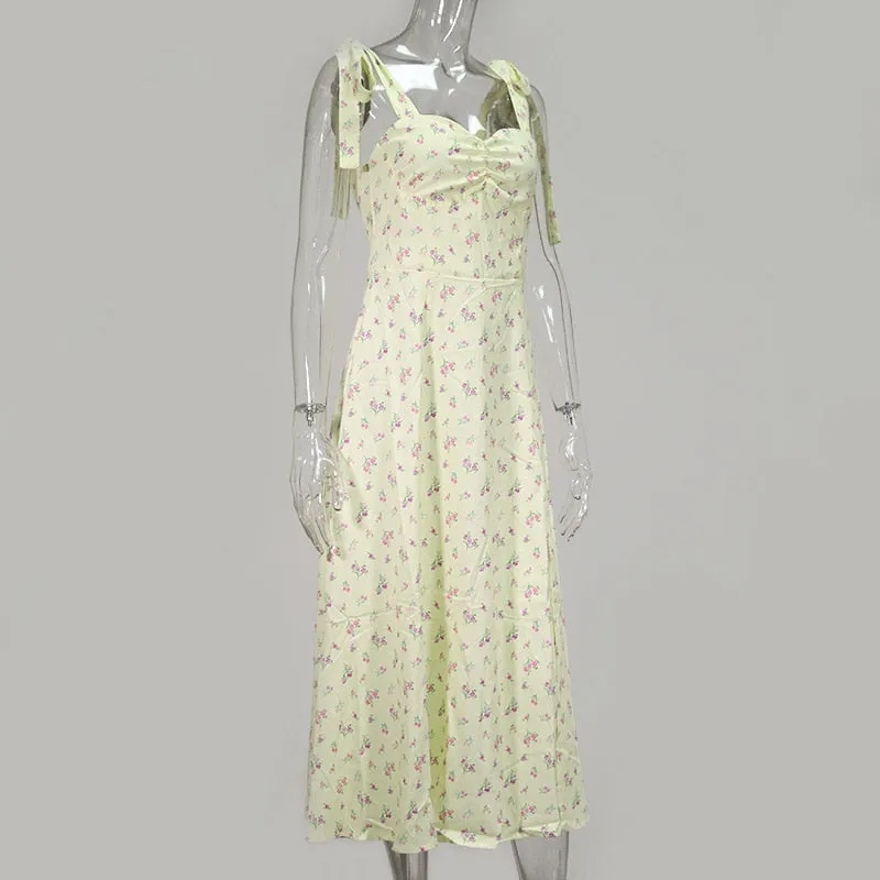 Floral Print Cottagecore Sleeveless Strap Midi Dresses Party Club Backless Elegant Split Dress