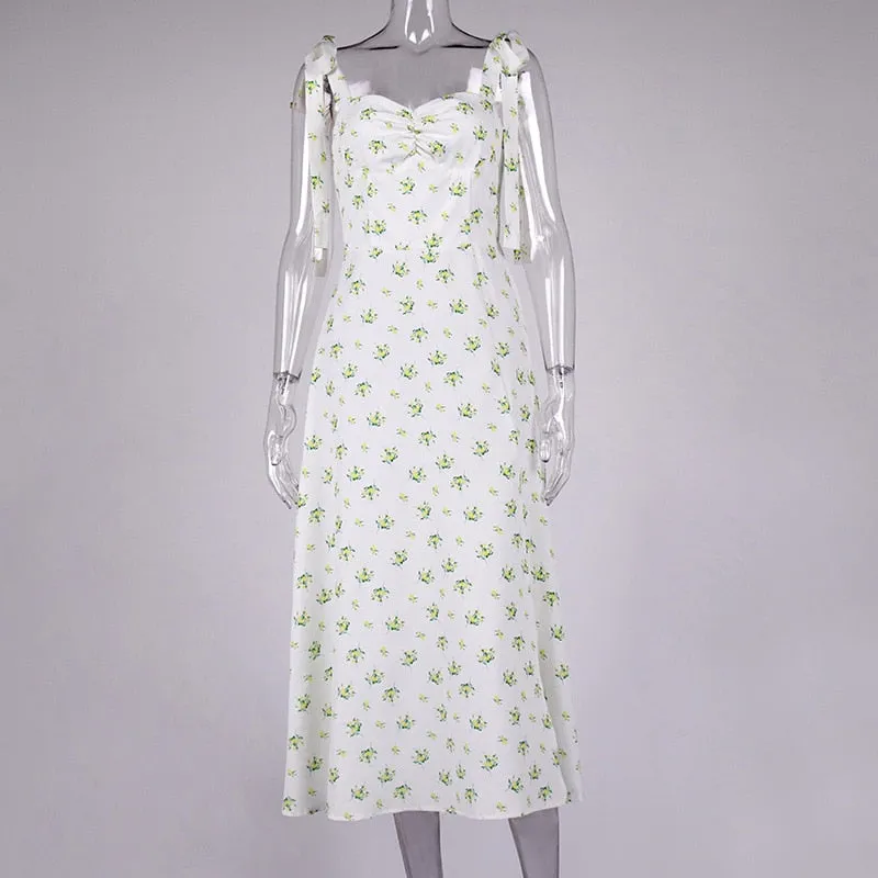 Floral Print Cottagecore Sleeveless Strap Midi Dresses Party Club Backless Elegant Split Dress