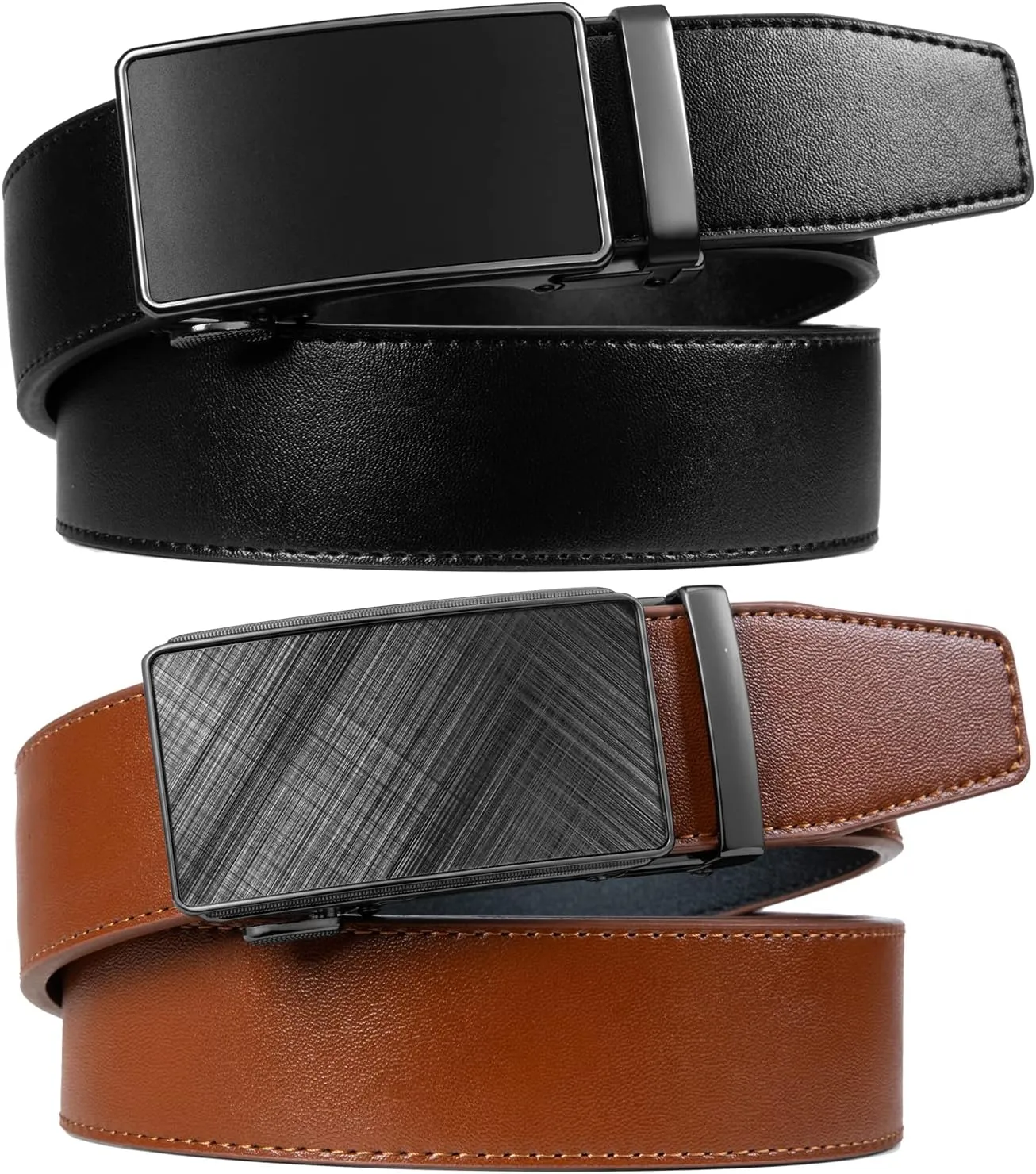 Founders & C Mens Belt 2 Pack,Leather Ratchet Click Belt Dress with Slide Buckle 1 3/8" in Gift Set Box- Size Adjustable