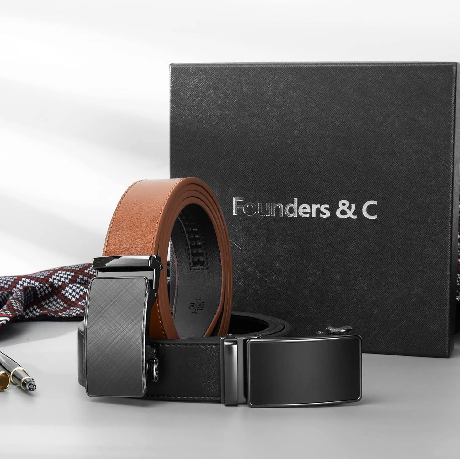 Founders & C Mens Belt 2 Pack,Leather Ratchet Click Belt Dress with Slide Buckle 1 3/8" in Gift Set Box- Size Adjustable
