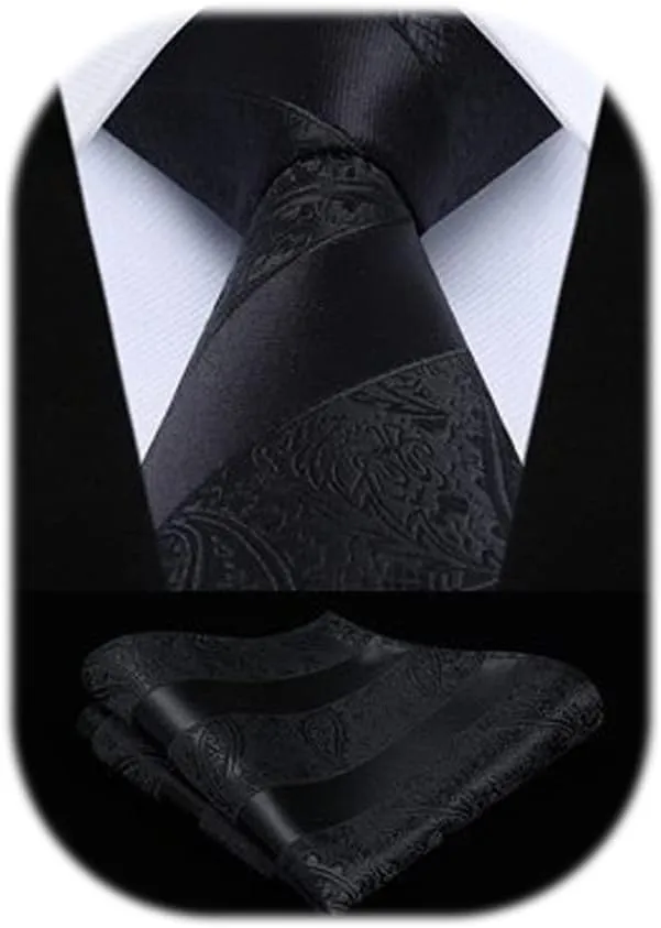 HISDERN Extra Long Ties for Men Classic Floral Tie and Pocket Square Elegant Silk Necktie Handkerchief Set Wedding Party