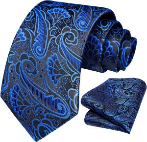 HISDERN Extra Long Ties for Men Classic Floral Tie and Pocket Square Elegant Silk Necktie Handkerchief Set Wedding Party