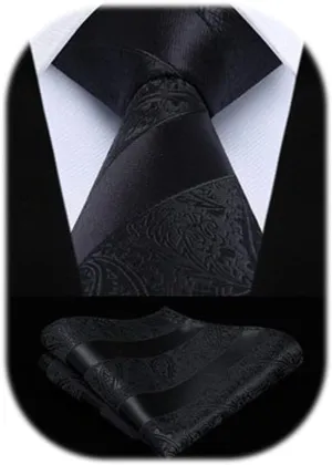 HISDERN Extra Long Ties for Men Classic Floral Tie and Pocket Square Elegant Silk Necktie Handkerchief Set Wedding Party