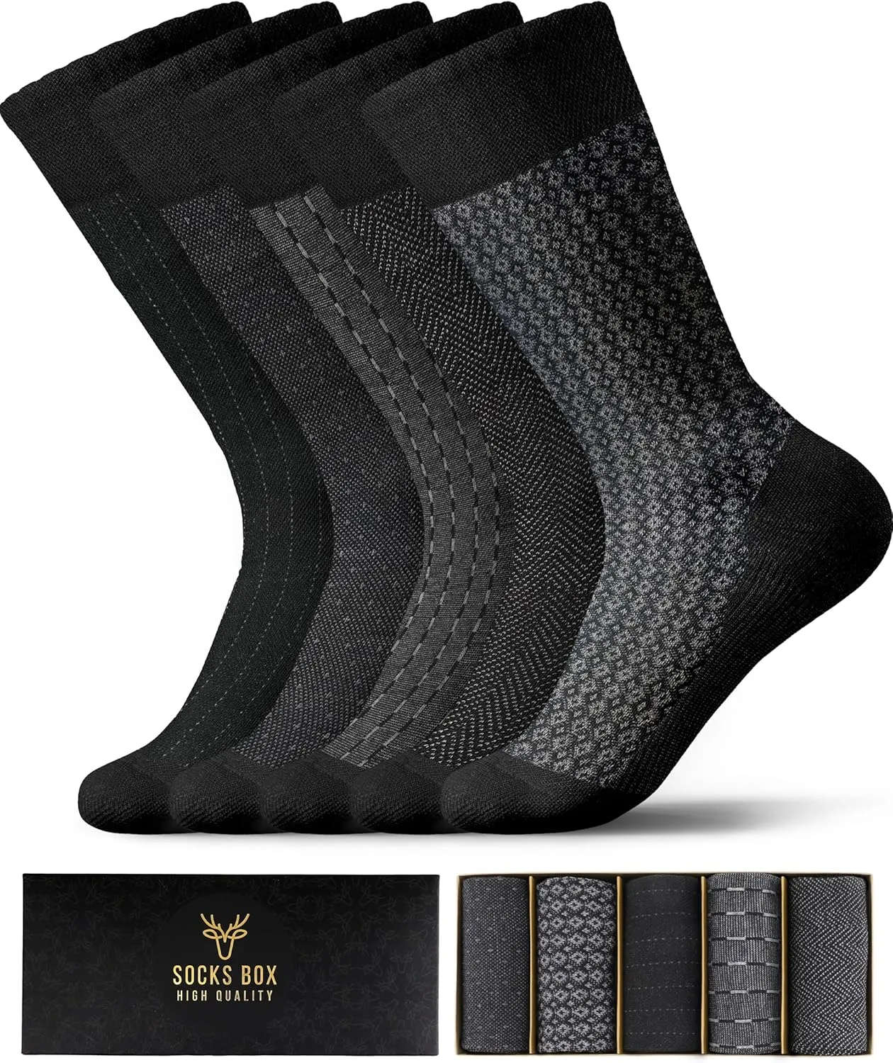 Mens Dress Socks, Premium Bamboo Rayon Socks for Men, Patterned, Elegant Design, 5/10 Pack, Gift Box