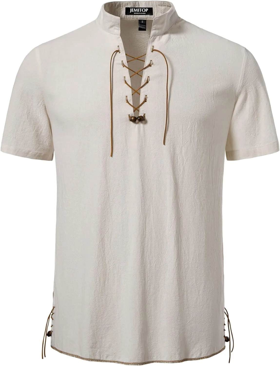 Men's Pure Cotton Vintage Short Sleeve Lace Up Shirts for Renaissance Pirate Viking Medieval Costume