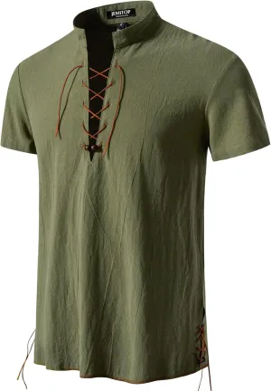 Men's Pure Cotton Vintage Short Sleeve Lace Up Shirts for Renaissance Pirate Viking Medieval Costume