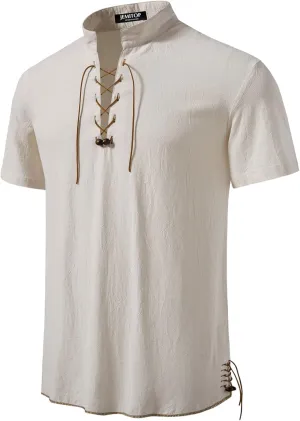 Men's Pure Cotton Vintage Short Sleeve Lace Up Shirts for Renaissance Pirate Viking Medieval Costume