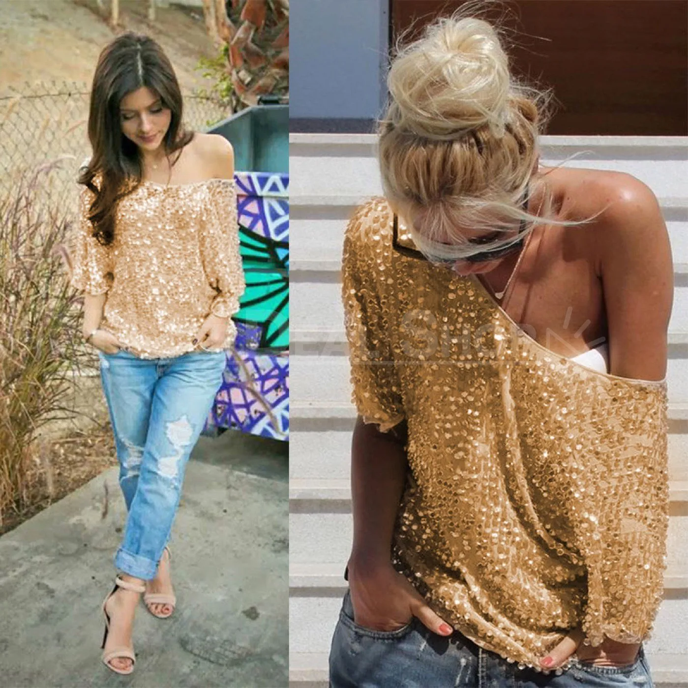 Off Shoulder Sequin Top - Gold