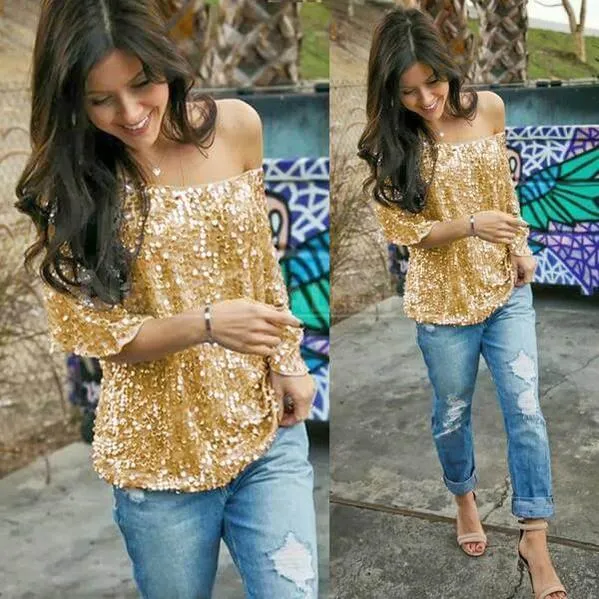 Off Shoulder Sequin Top - Gold