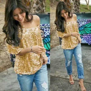 Off Shoulder Sequin Top - Gold