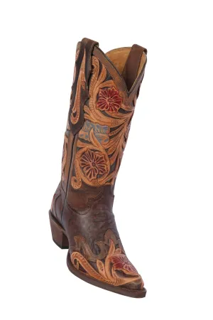 Quincy Boots Womens Hand Tooled Leather Chocolate Snip Toe Western Boot