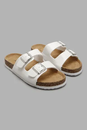 White Strappy Double Buckle Comfort Mule