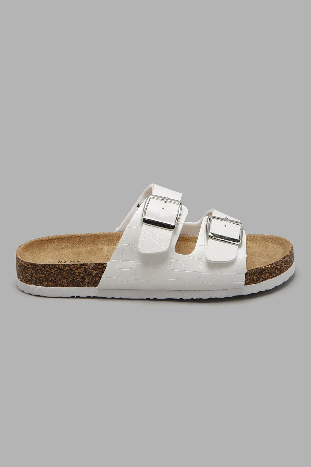 White Strappy Double Buckle Comfort Mule