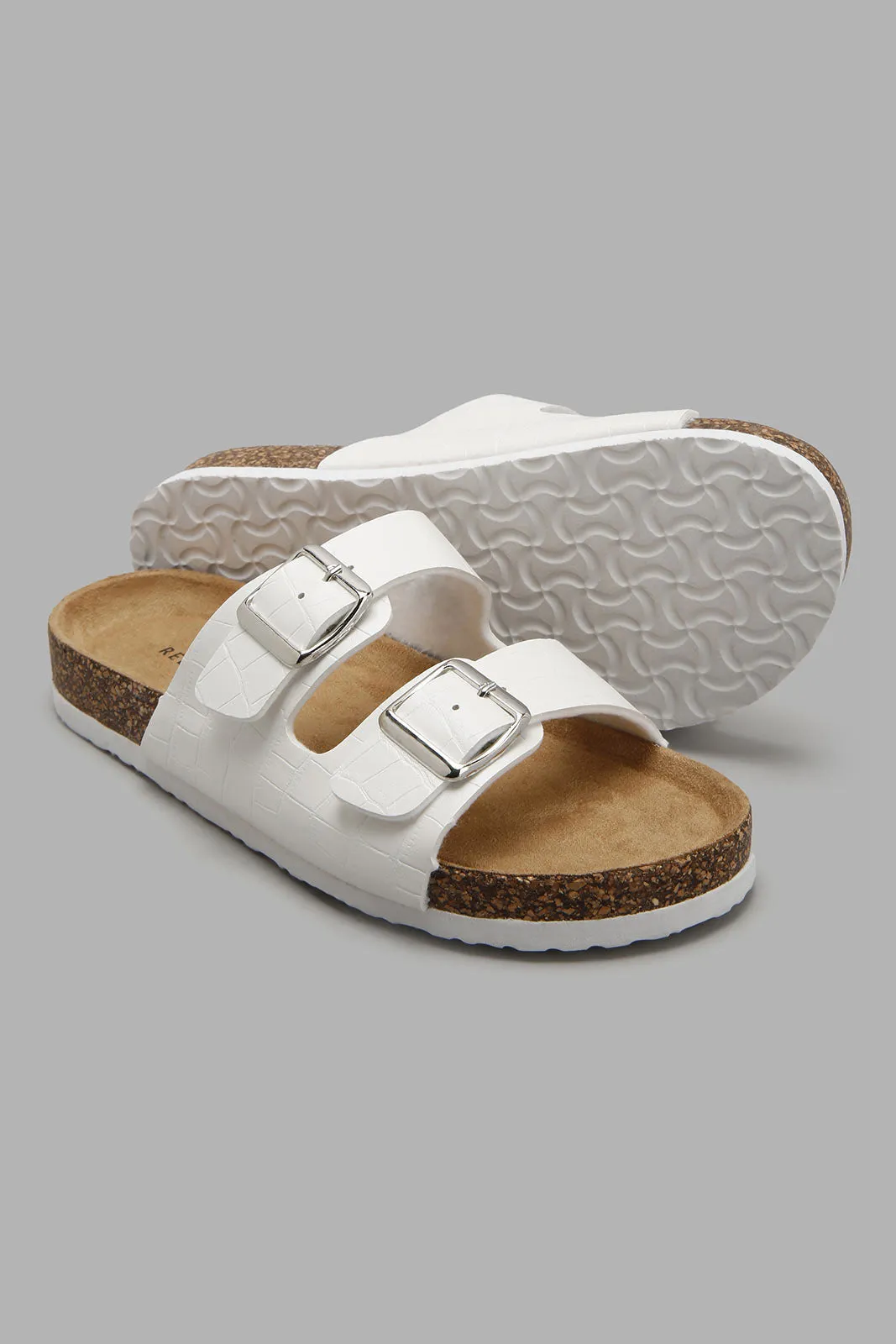 White Strappy Double Buckle Comfort Mule