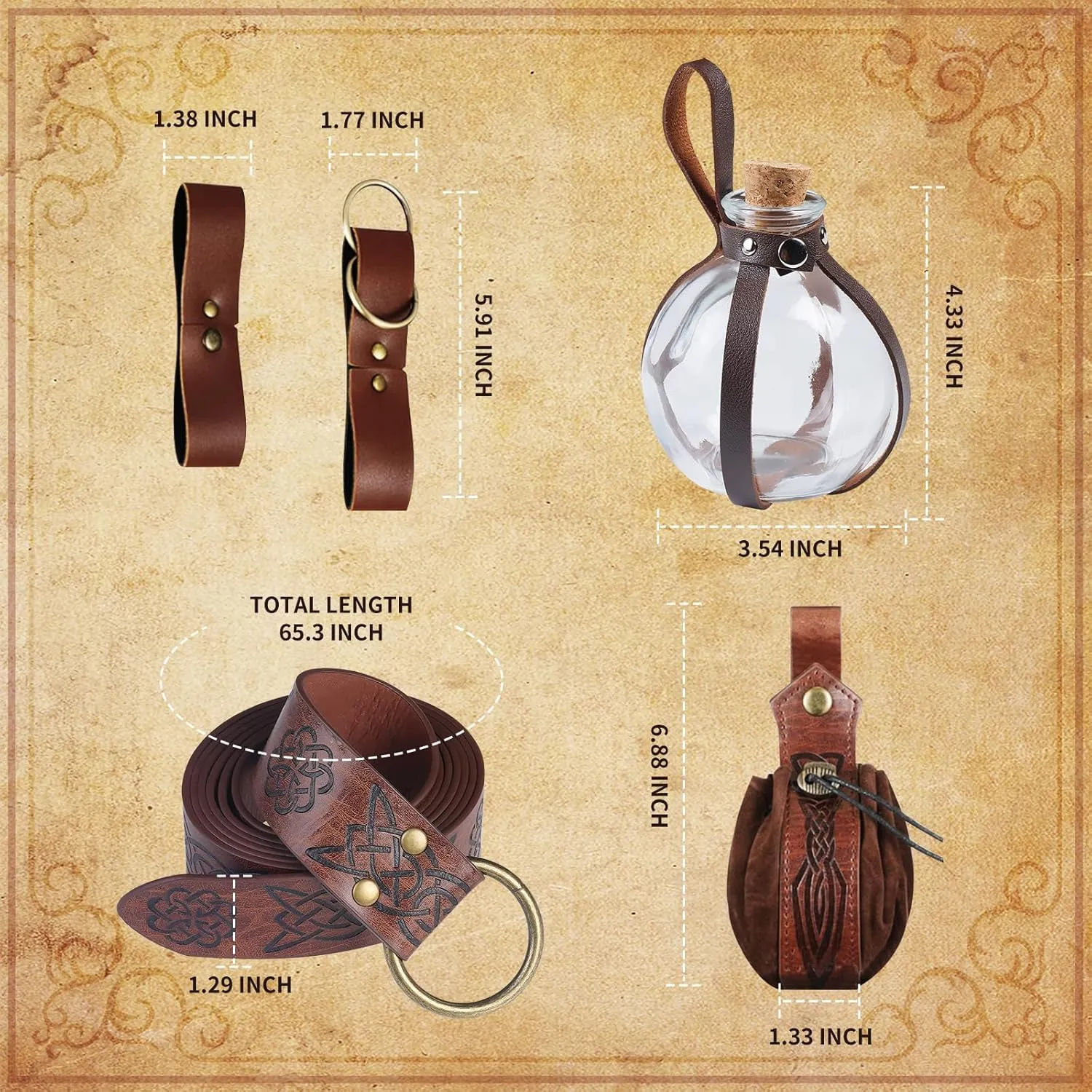 Women Renaissance Accessories Medieval Viking Belt Potion Bottles Belt Bag Leather Skirt Hikes