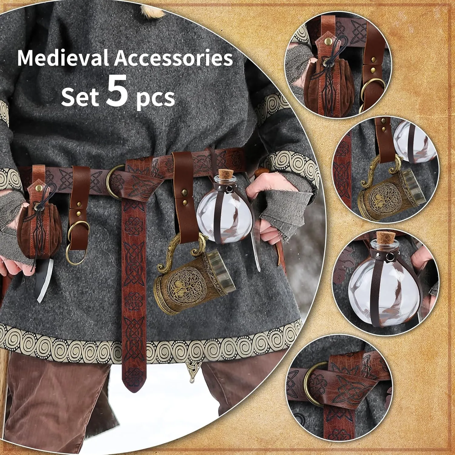 Women Renaissance Accessories Medieval Viking Belt Potion Bottles Belt Bag Leather Skirt Hikes